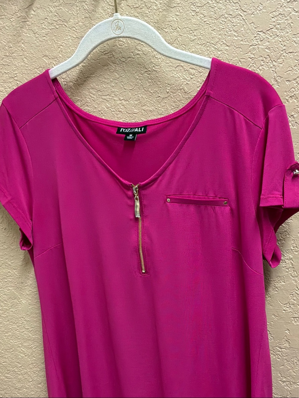 Roz & Ali Fuchsia Short-Sleeve Zip Front Top